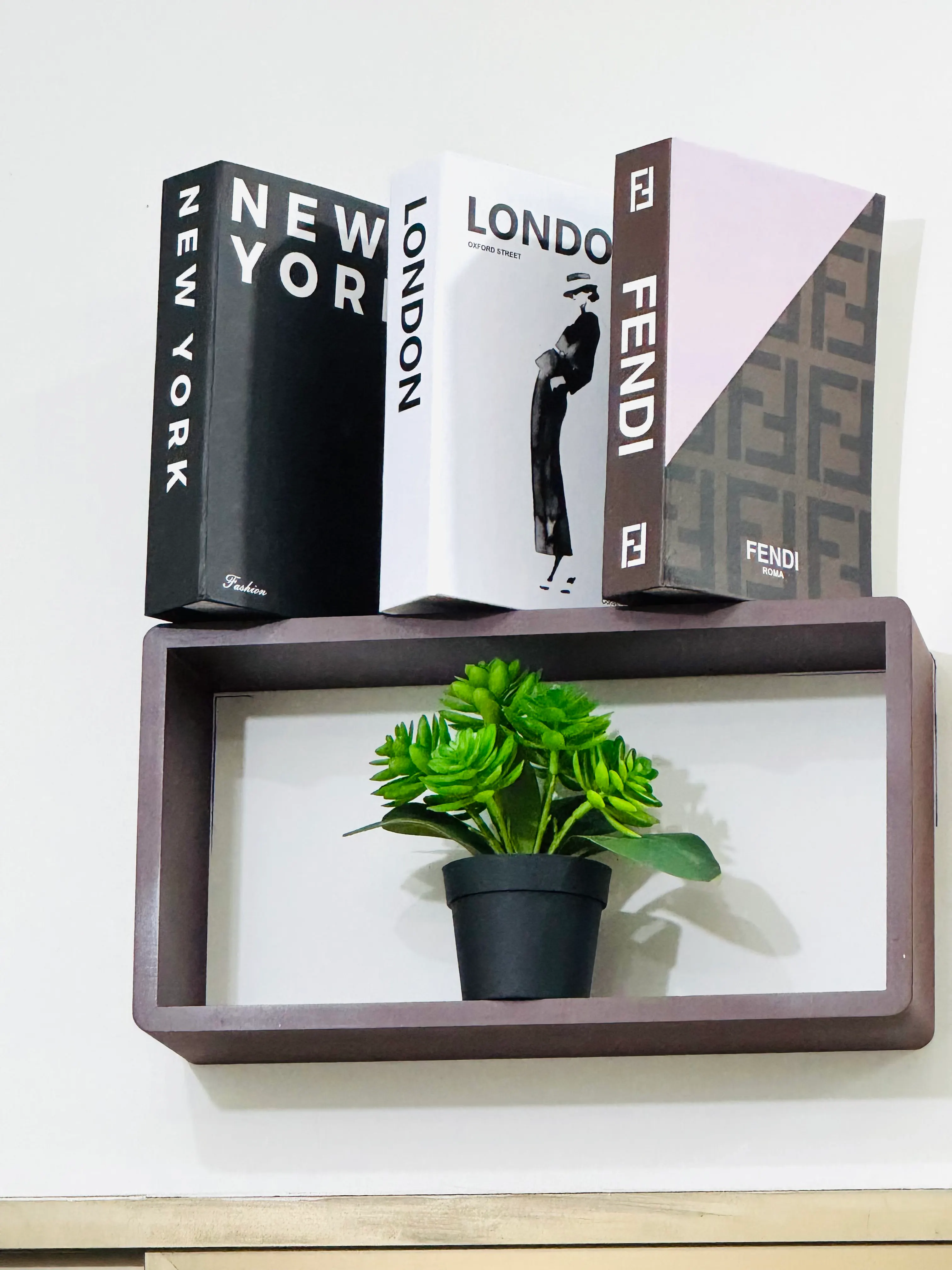 Dev Entity office wall shelf with city books and plant decor