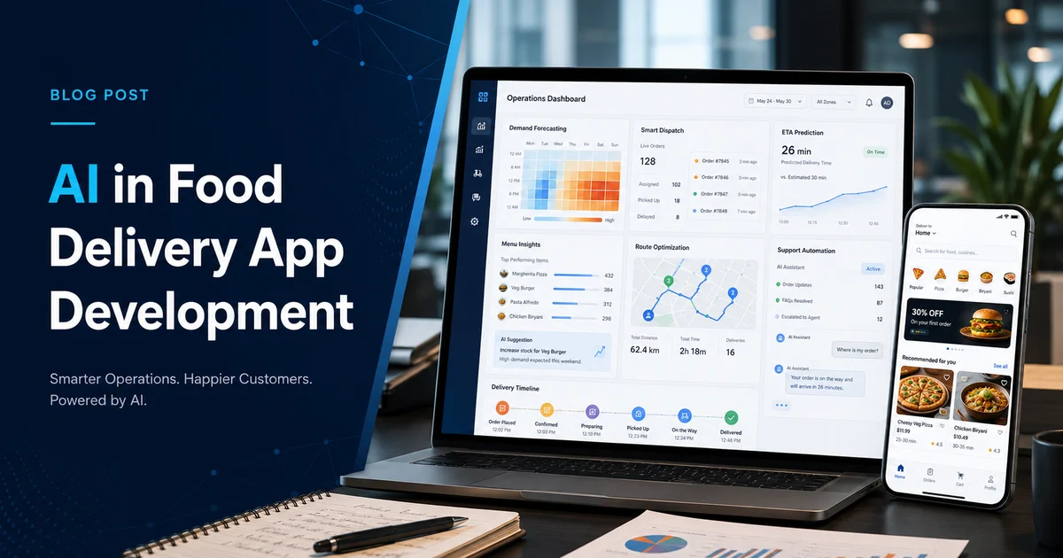AI food delivery dashboard with demand forecasting, dispatch suggestions, support automation, and menu insights