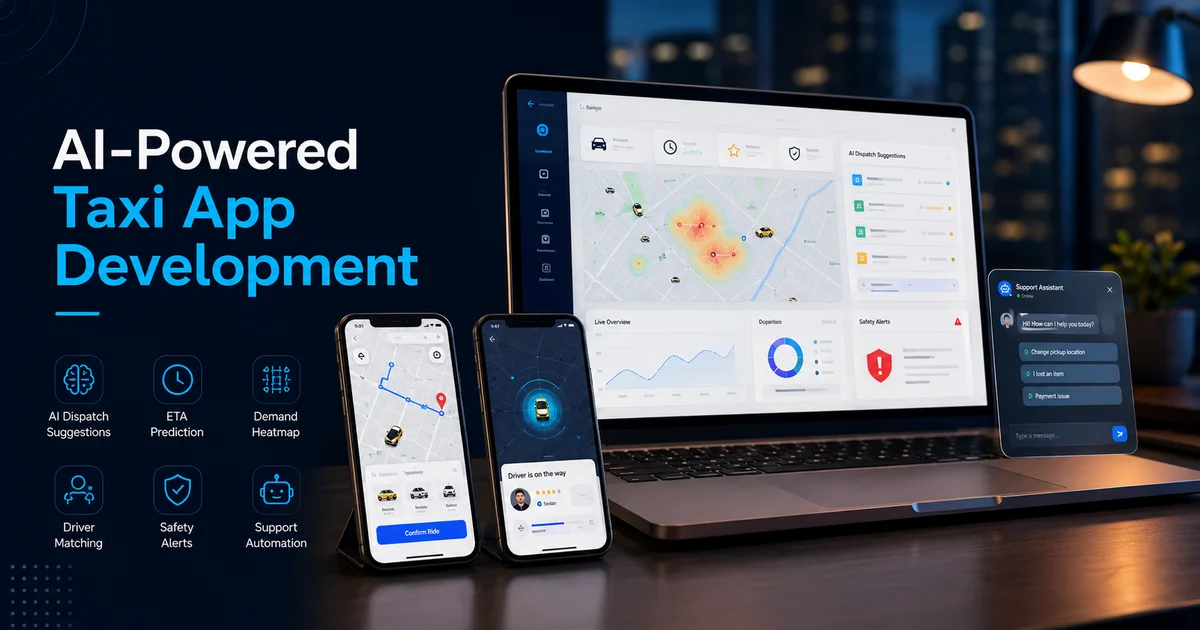 AI-powered taxi app dashboard with smart dispatch, ETA prediction, safety alerts, and demand forecasting