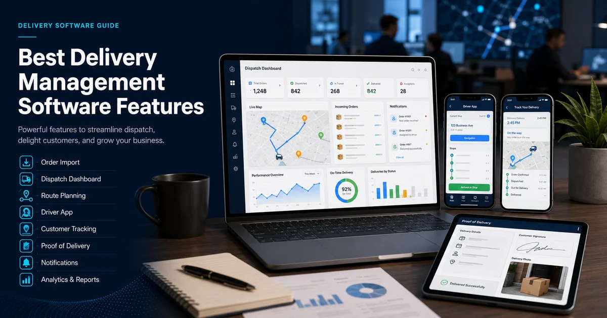 Delivery management software features with dispatch, routes, tracking, proof of delivery, notifications, and analytics