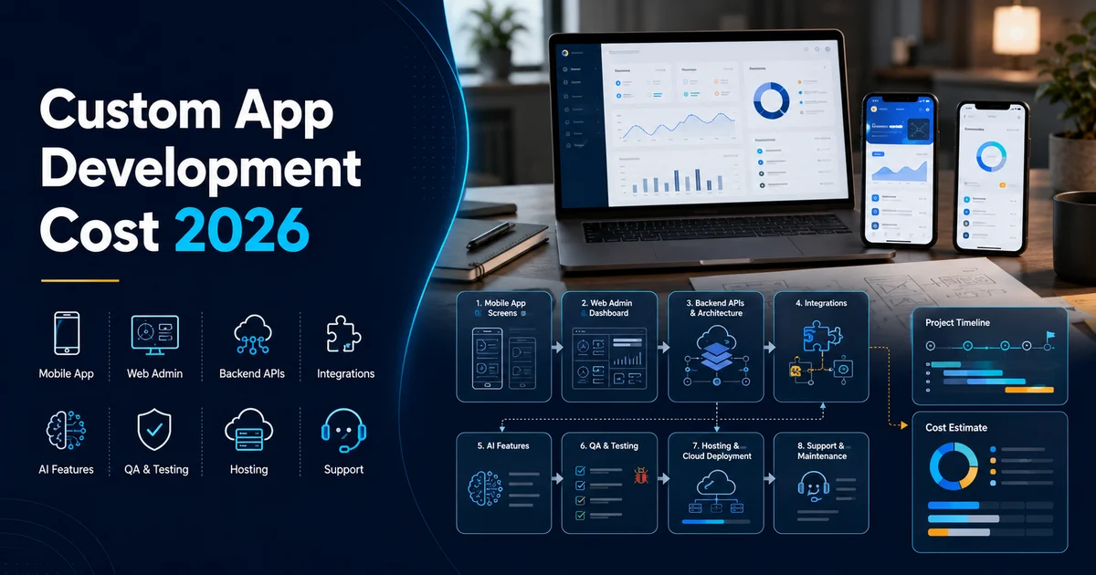 Custom app development cost breakdown with platforms, UX, backend, integrations, admin panel, AI features, and QA