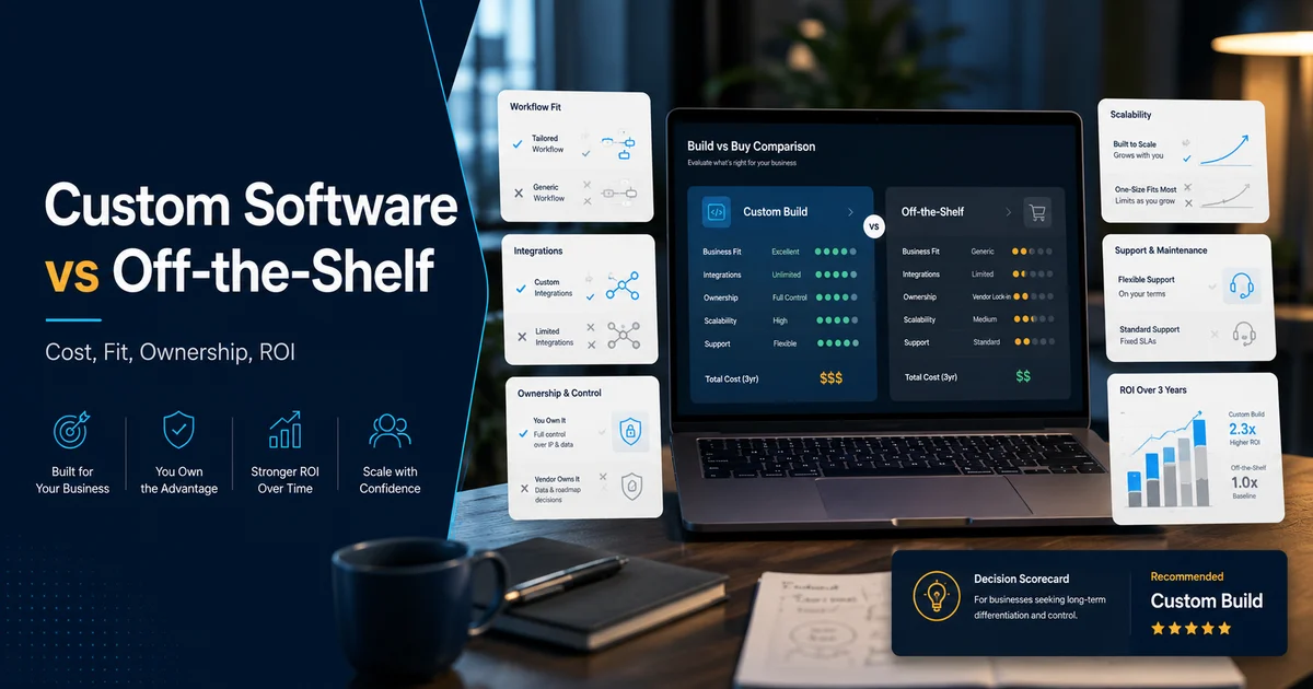 Custom software development cost versus off-the-shelf comparison with flexibility, integrations, ownership, scalability, and ROI