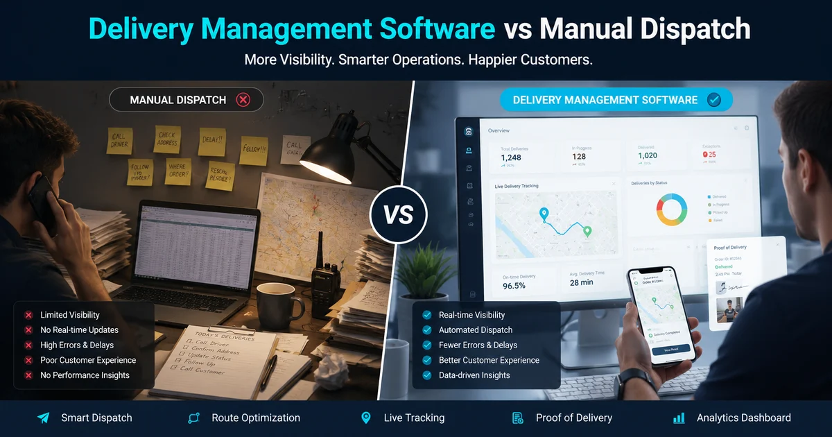 Delivery management software versus manual dispatch comparison with drivers, routes, tracking, proof, and reports