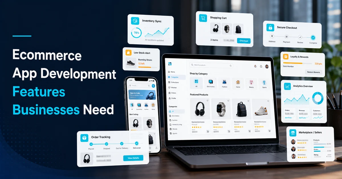 Ecommerce app feature map with product catalog, cart, checkout, inventory, loyalty, and analytics