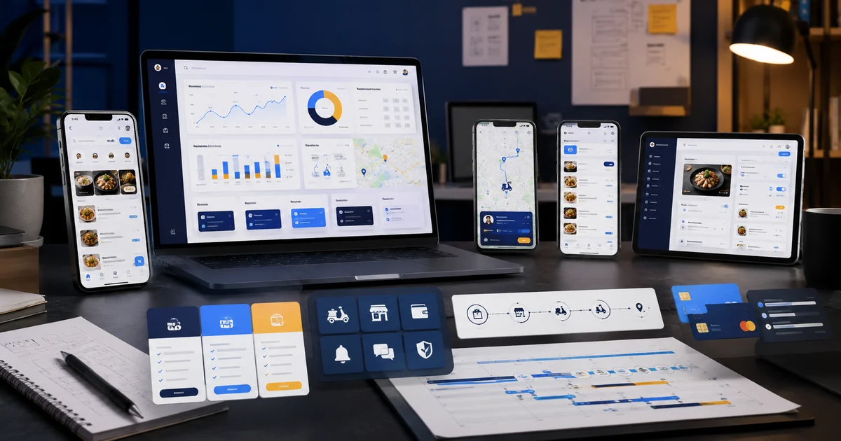 Food delivery app development cost breakdown for customer app, driver app, restaurant panel, and admin dashboard