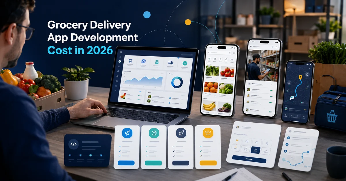 Grocery delivery app development cost showing catalog, inventory, delivery slots, picker workflow, and driver tracking