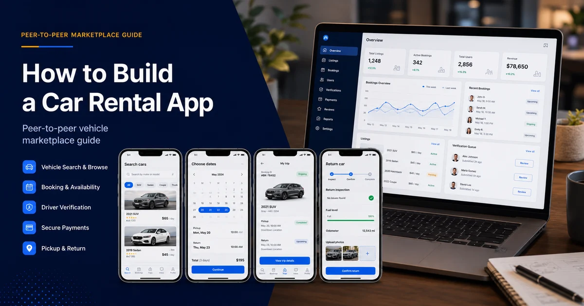 Car rental app like Turo with vehicle listings, booking calendar, host dashboard, verification, and payments
