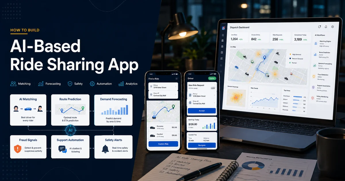 AI-based ride sharing app with smart matching, ETA prediction, demand forecasting, and safety alerts