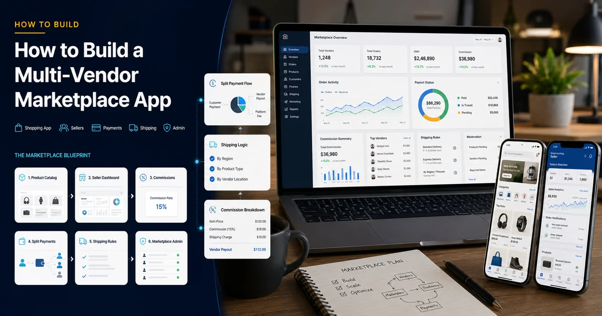 Multi-vendor app like Amazon with customer app, seller dashboard, admin controls, payments, and shipping