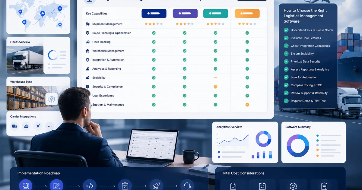 Logistics software selection checklist with routes, fleet, shipments, warehouses, and analytics