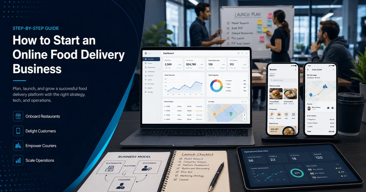 Online food delivery business launch plan with restaurants, drivers, app, operations, and marketing