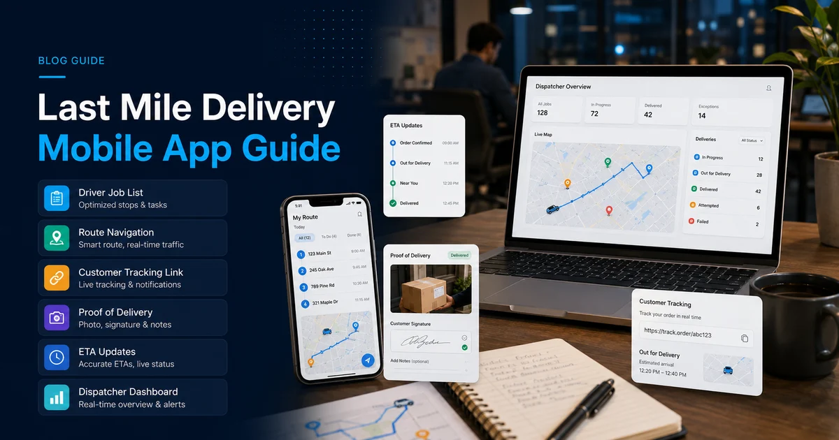 Last mile delivery mobile app with driver route, customer tracking, proof of delivery, and dispatcher dashboard