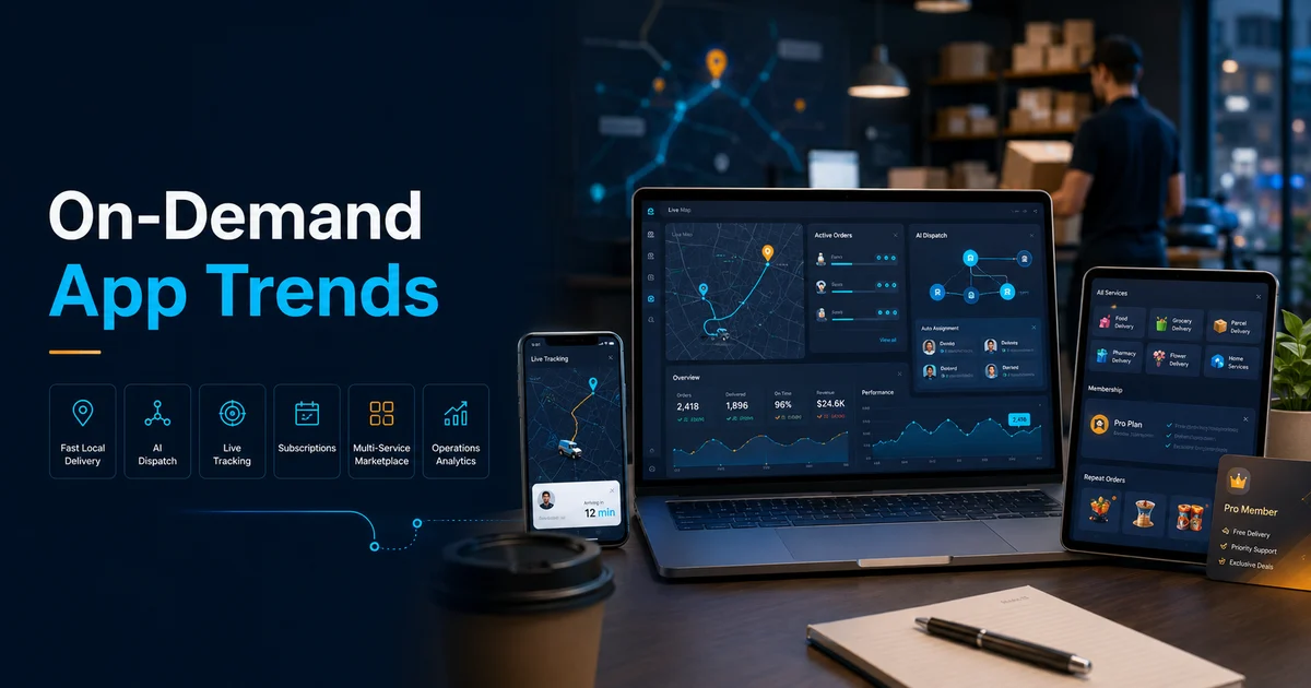 On-demand app trends dashboard with delivery tracking, AI dispatch, subscriptions, and multi-service marketplace features