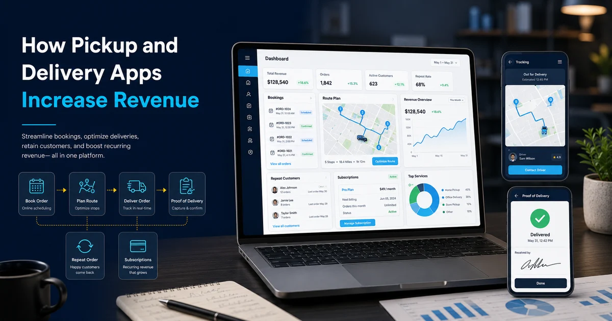 Pickup and delivery app revenue workflow with booking, tracking, subscriptions, repeat orders, and analytics