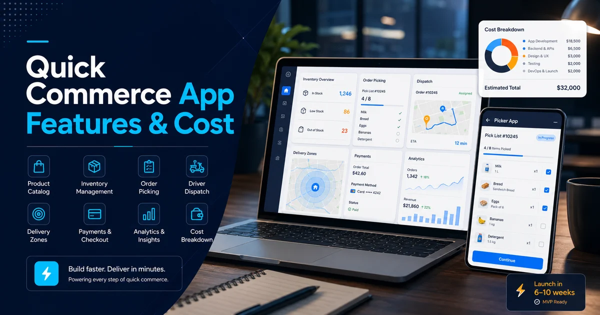 Quick commerce app development with catalog, inventory, picker workflow, driver dispatch, and analytics