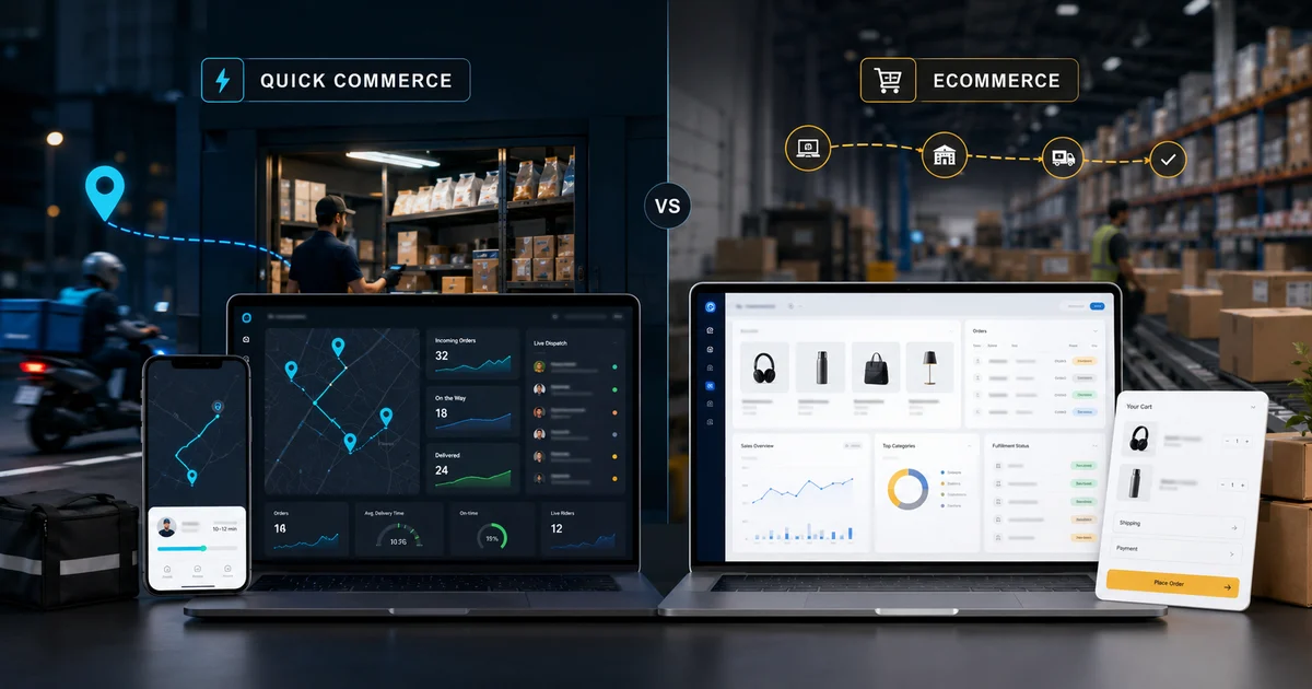 Quick commerce versus ecommerce comparison with delivery speed, inventory, fulfillment, app features, and cost