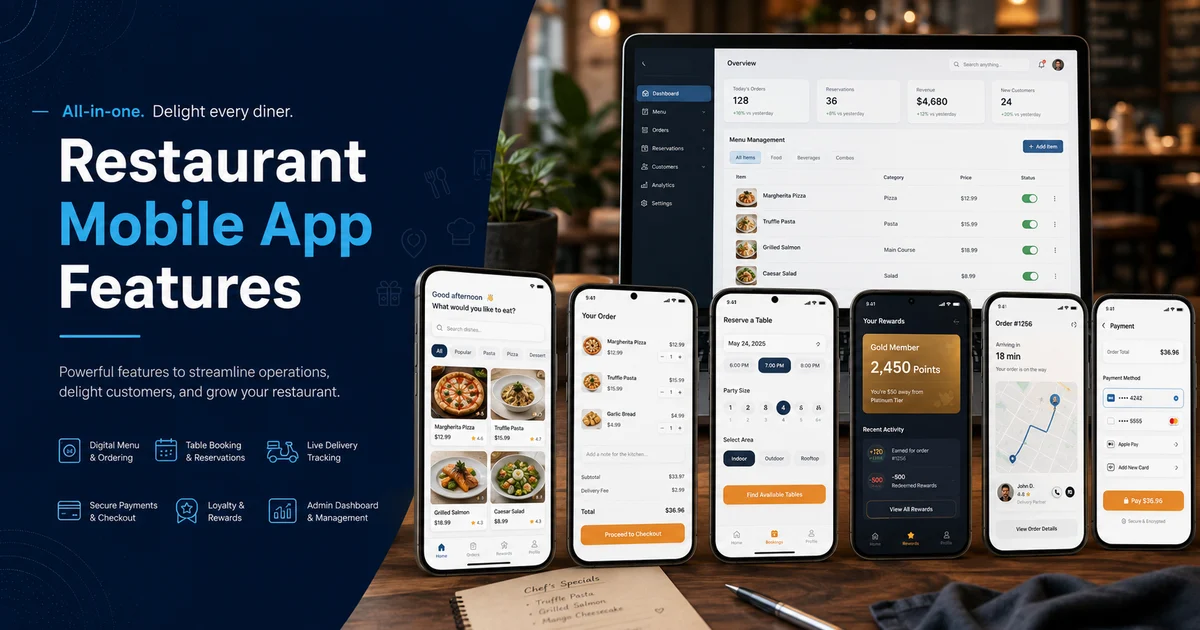 Restaurant mobile app features with digital menu, ordering, booking, loyalty, payments, and admin dashboard