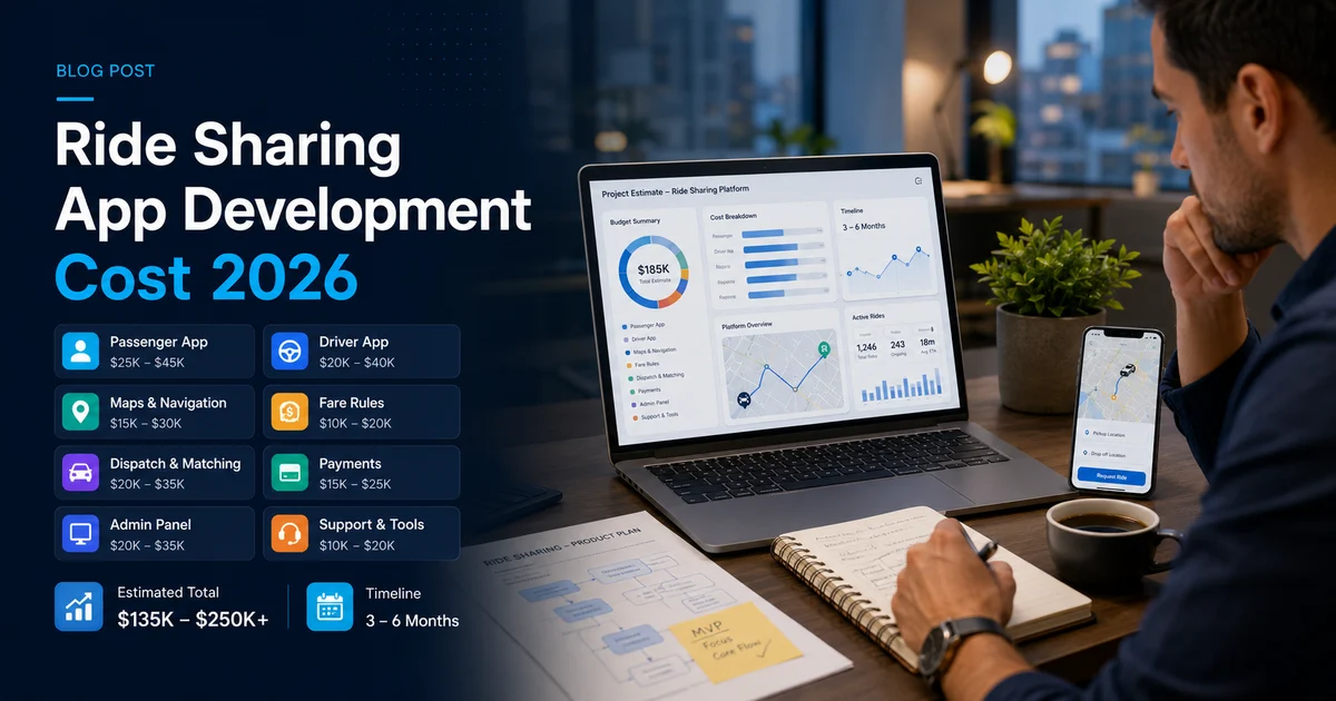 Ride sharing app development cost with passenger app, driver app, maps, payments, dispatch, and admin dashboard