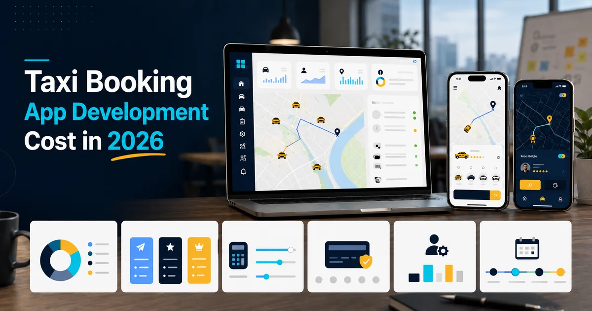 Taxi booking app development cost with passenger app, driver app, dispatch panel, admin dashboard, and maps