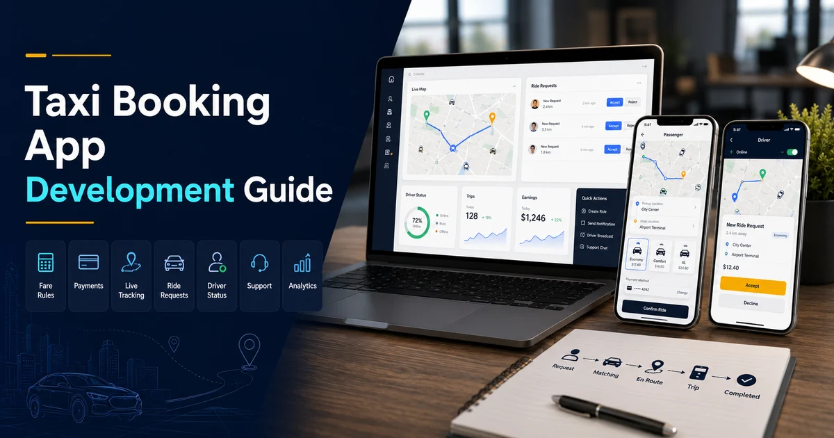Taxi booking app development guide with passenger app, driver app, dispatch panel, maps, and admin dashboard