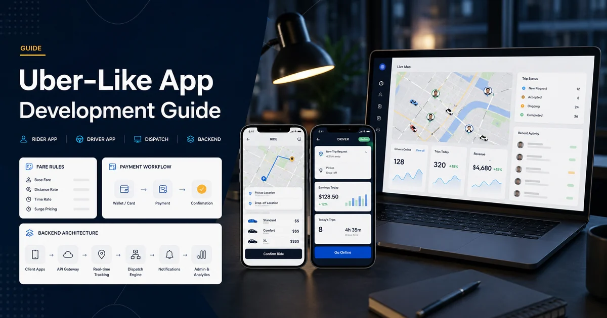 Uber-like app development guide showing rider app, driver app, dispatch dashboard, admin panel, and backend