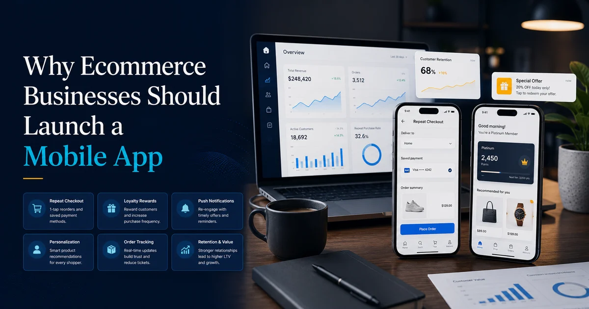 Ecommerce mobile app benefits with faster checkout, loyalty, push notifications, personalization, and retention