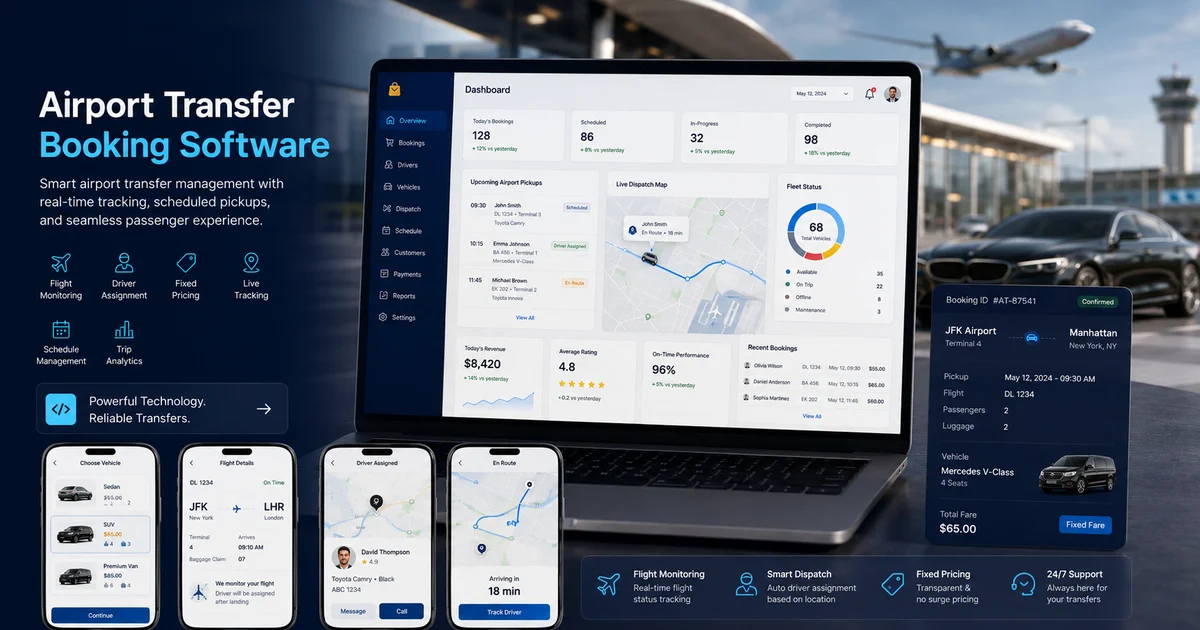 Airport transfer booking software with flight tracking, scheduled pickup, driver assignment, and fixed fare