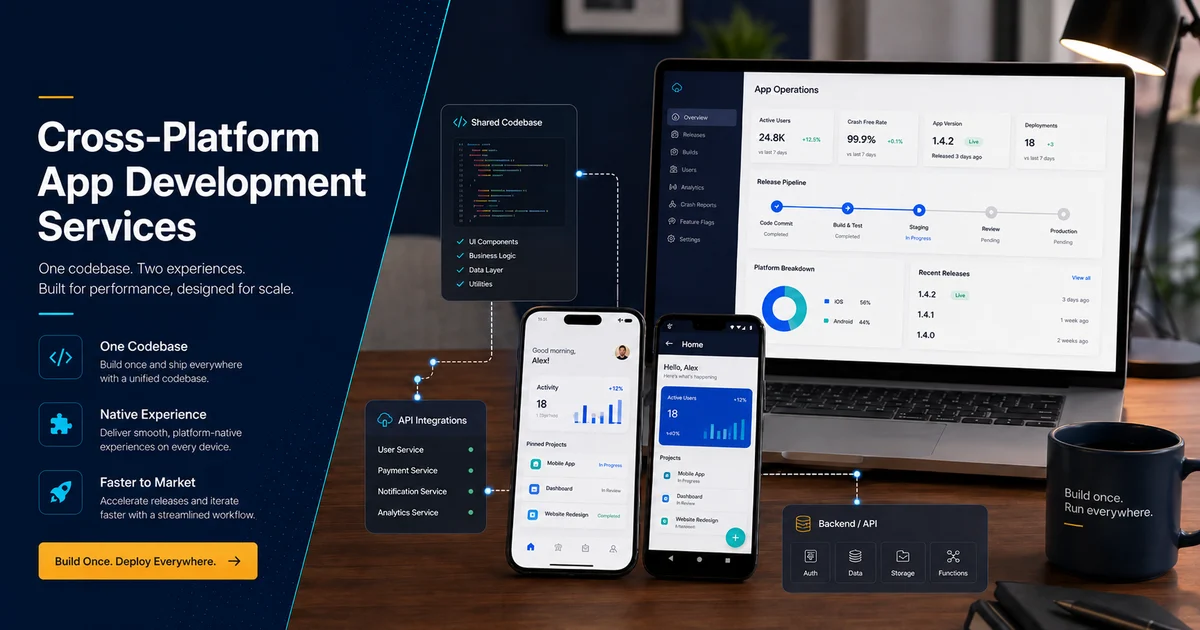 Cross-platform app development showing one codebase powering iOS, Android, and web admin systems