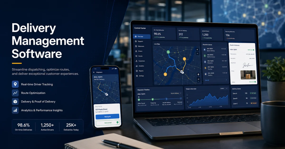 Delivery management software dashboard showing dispatch, routes, drivers, and proof of delivery