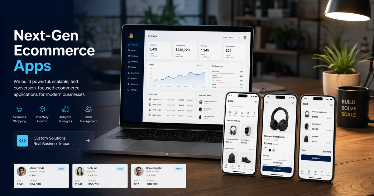 Ecommerce app development screens with product catalog, cart, checkout, inventory, and analytics