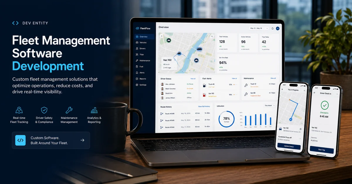 Fleet management software dashboard showing vehicles, drivers, routes, maintenance, and live tracking