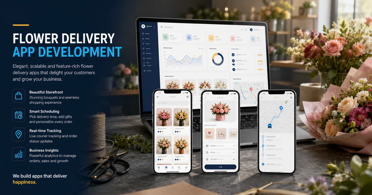 Flower delivery app with bouquet catalog, gift notes, scheduled delivery, payment, and order tracking