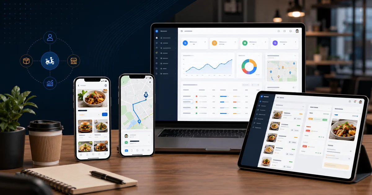 Food delivery app dashboard with restaurant orders, courier tracking, and customer mobile app screens