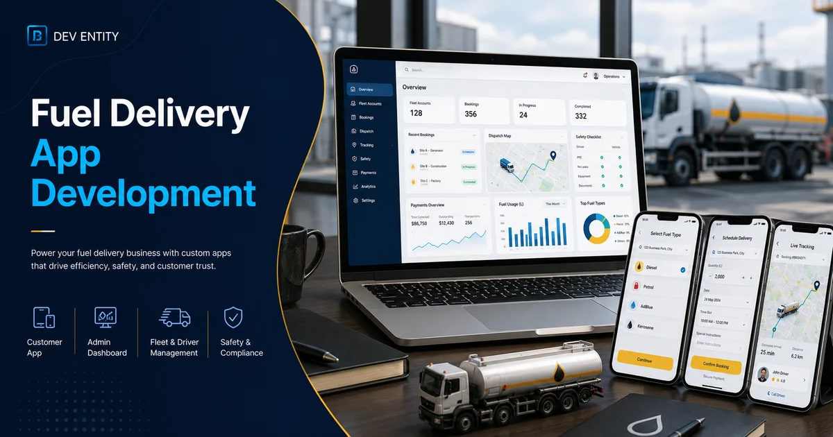 Fuel delivery app with fuel selection, delivery booking, driver tracking, payment, and admin dashboard