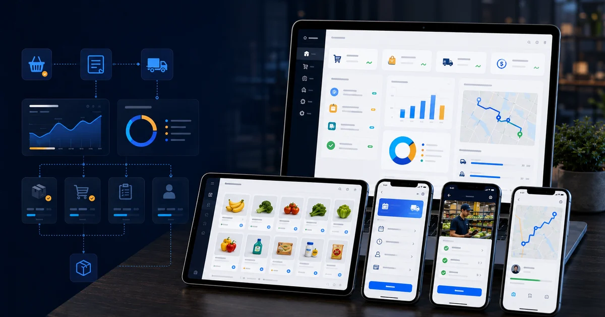 Grocery delivery app with product catalog, delivery slots, inventory, and courier tracking