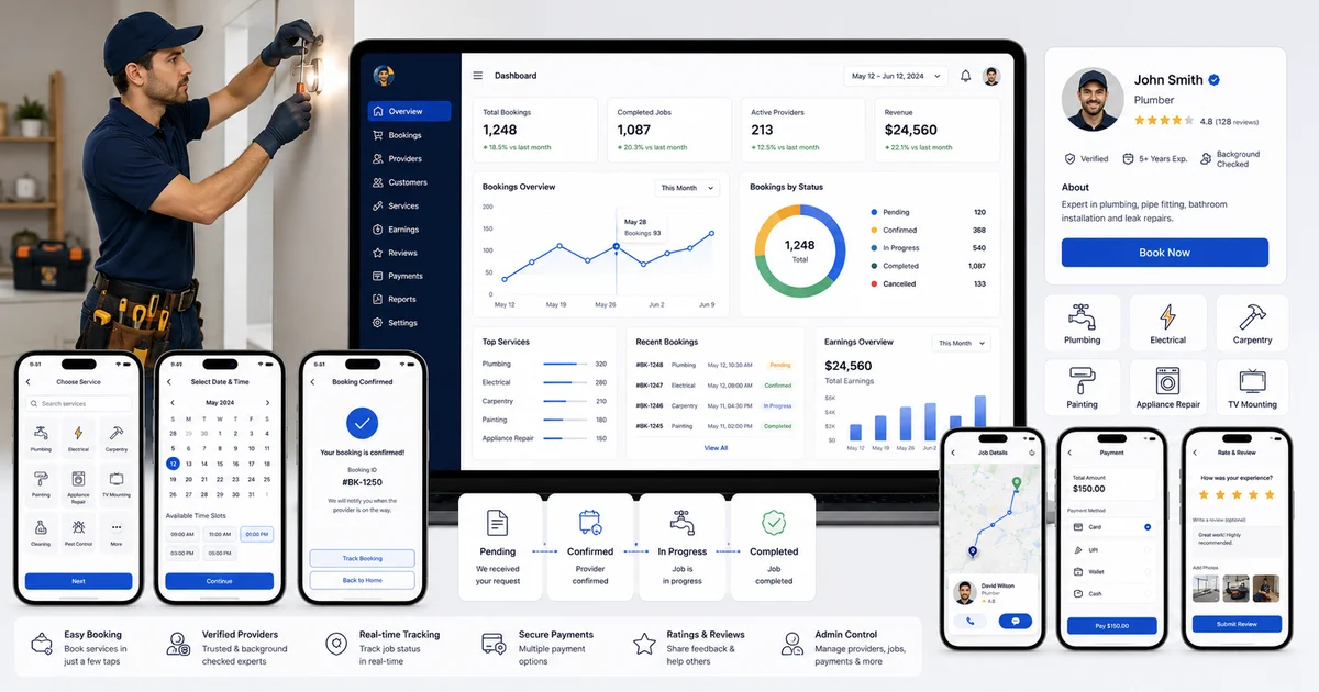 Handyman app showing service booking, provider profiles, scheduling, payment, and admin dashboard