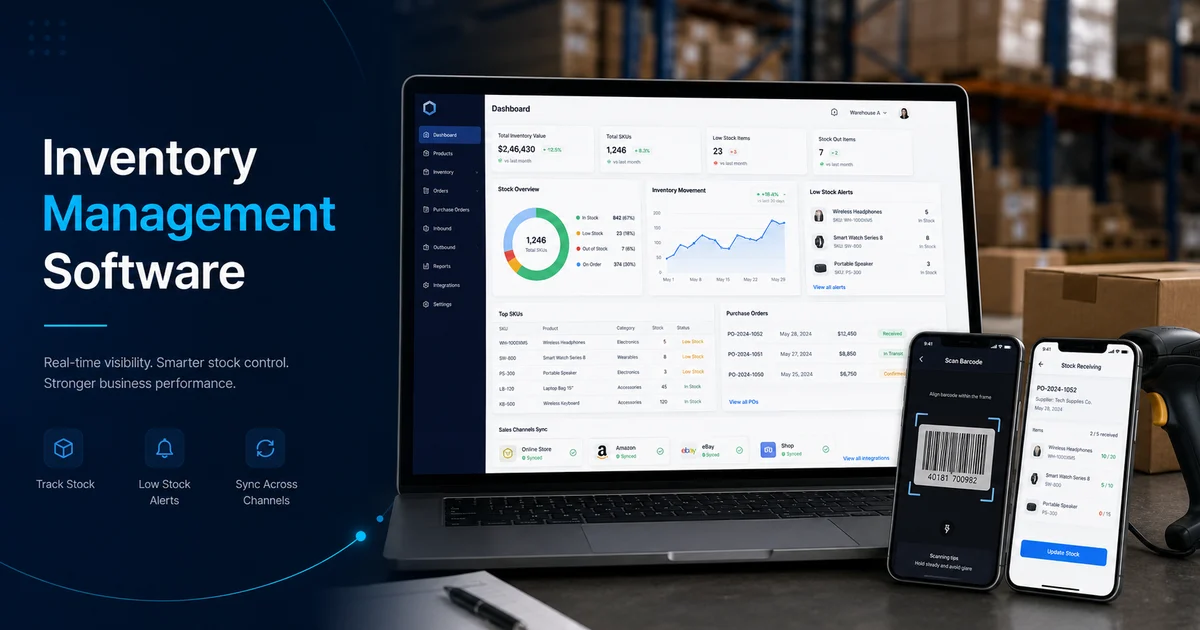 Inventory management software dashboard showing stock levels, warehouses, orders, alerts, and reports