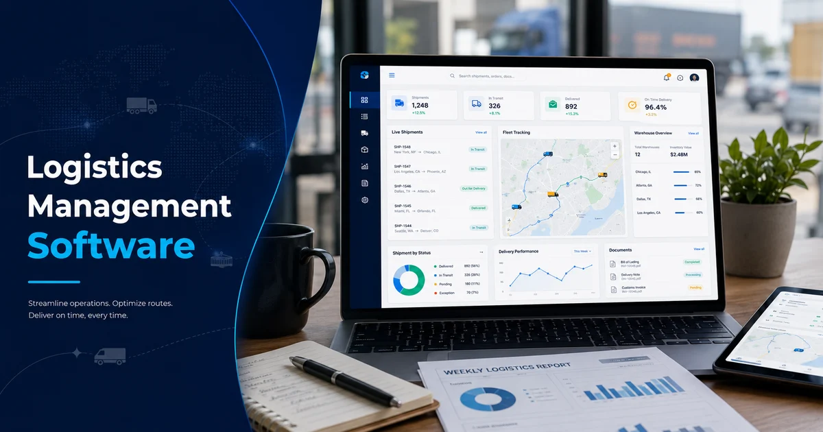 Logistics management software showing shipments, fleet, route planning, and warehouse coordination