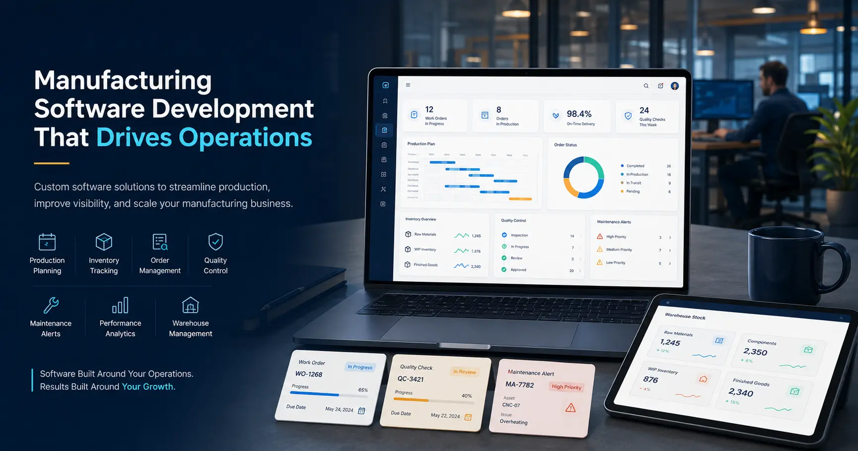 Manufacturing software dashboard for production planning, inventory tracking, quality control and factory workflow management