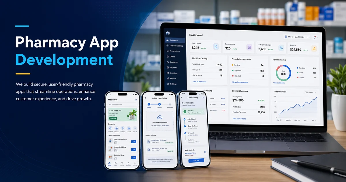 Pharmacy app with medicine catalog, prescription upload, delivery tracking, refill reminders, and admin dashboard