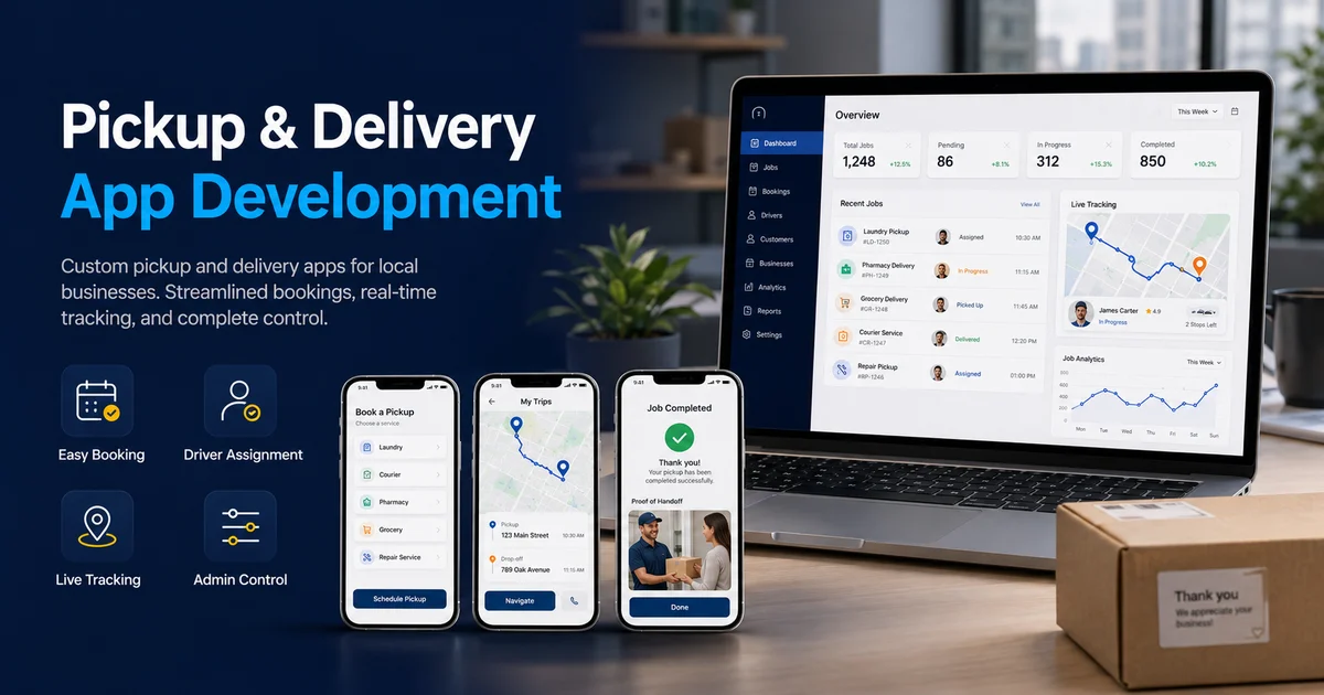 Pickup and delivery app showing customer request, driver assignment, live tracking, and proof of delivery