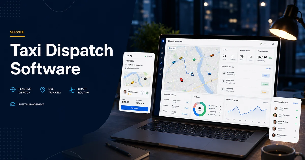 Taxi dispatch software with booking dashboard, driver map, trip status, and fare analytics