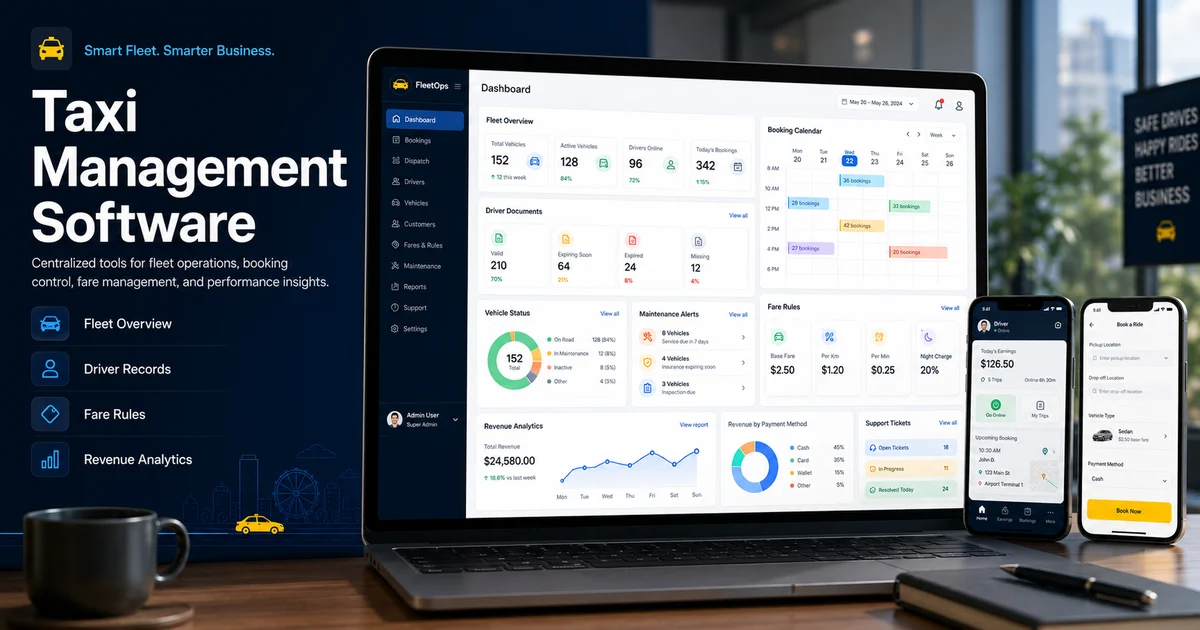 Taxi management software dashboard showing drivers, bookings, fleet status, fares, and trip reports