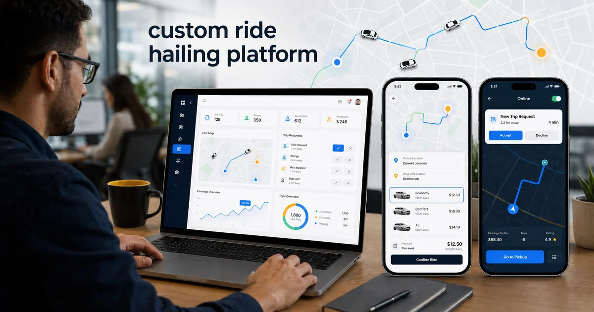 Uber clone app development screens for passenger booking, driver app, ride tracking, and admin dashboard