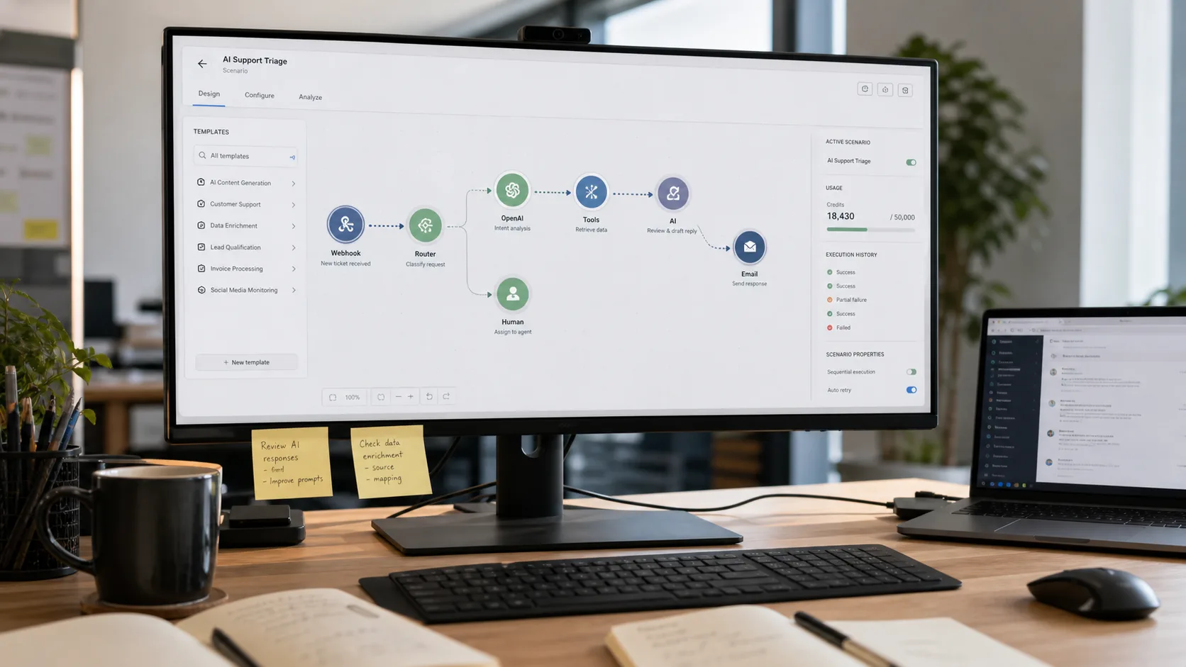 Realistic automation workstation showing visual scenario builder modules, router branches, webhook panels, templates, and usage metrics