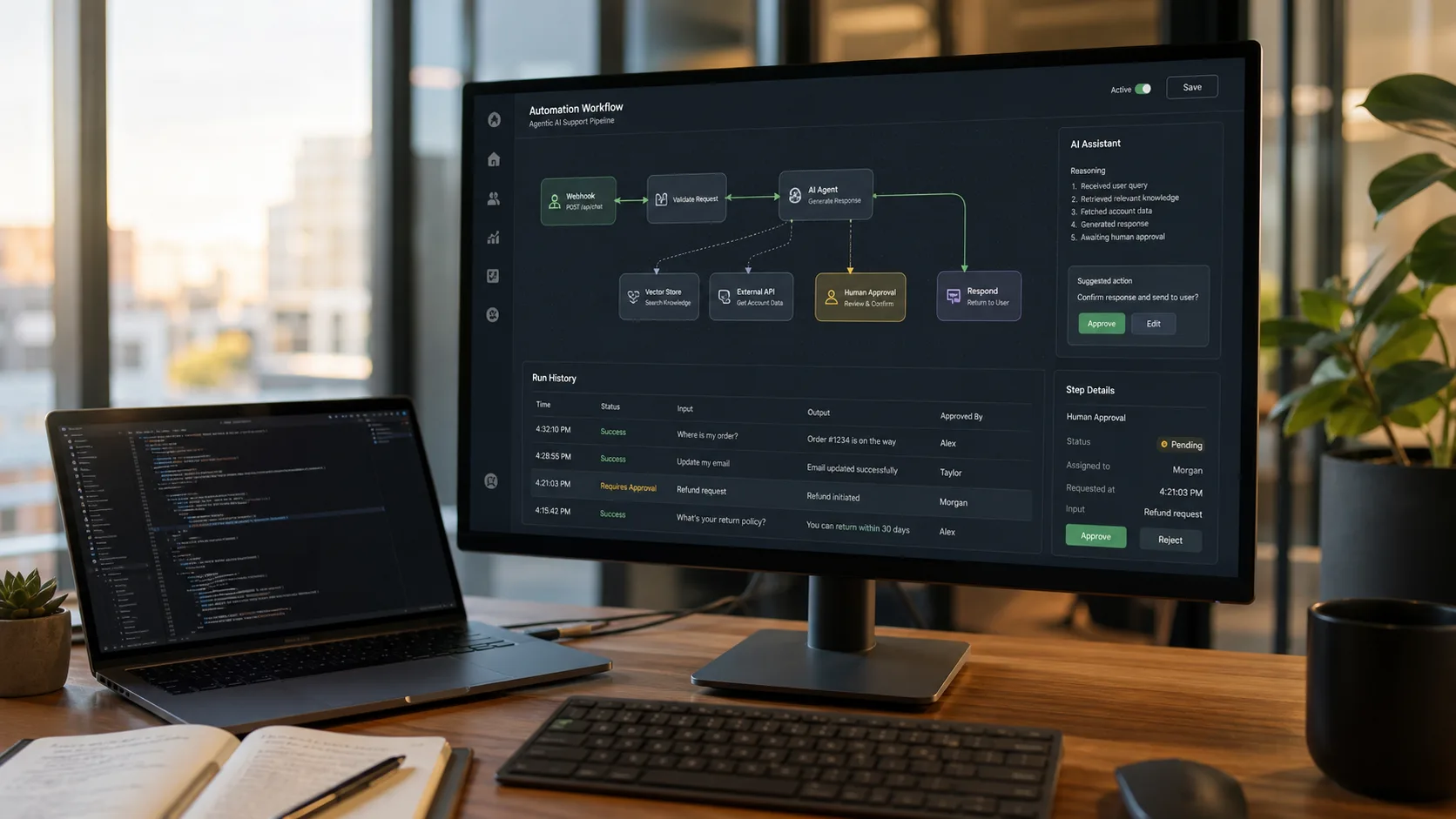 Realistic operations workstation showing workflow automation dashboards, API labels, approval queues, and AI-assisted data routing