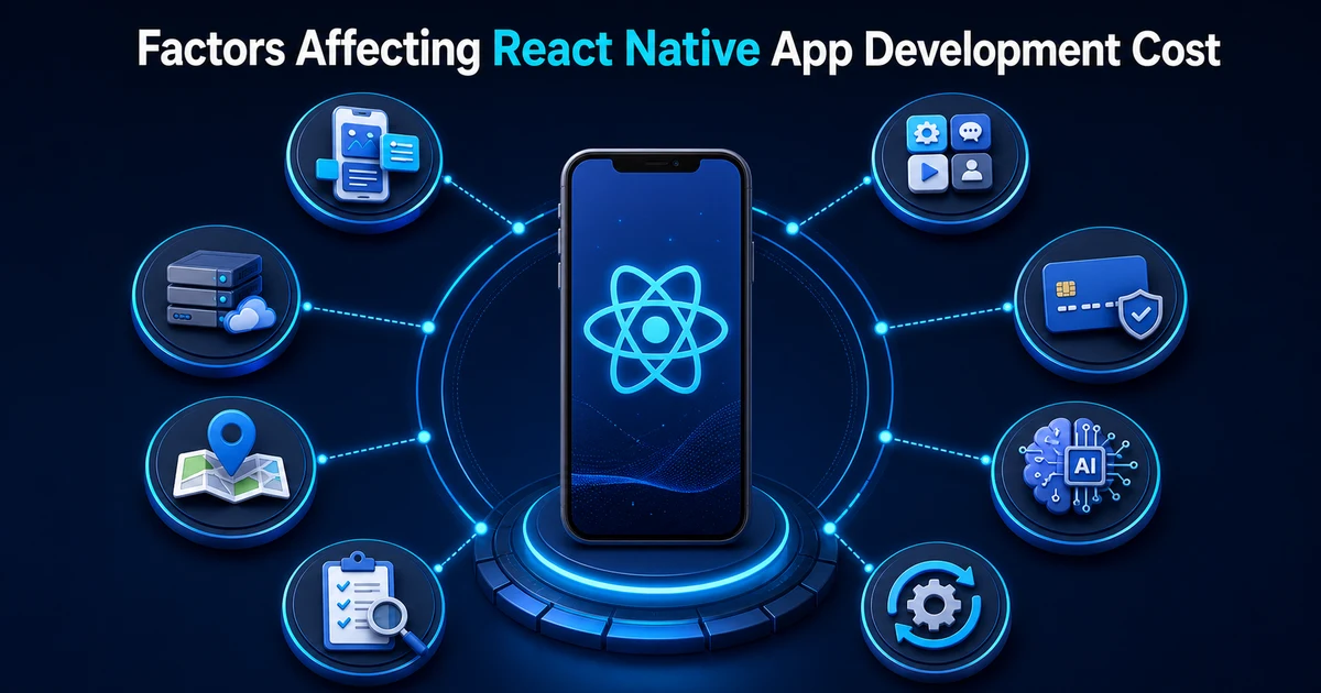 Factors affecting React Native app development cost including features, design, backend, integrations, AI, QA, and maintenance