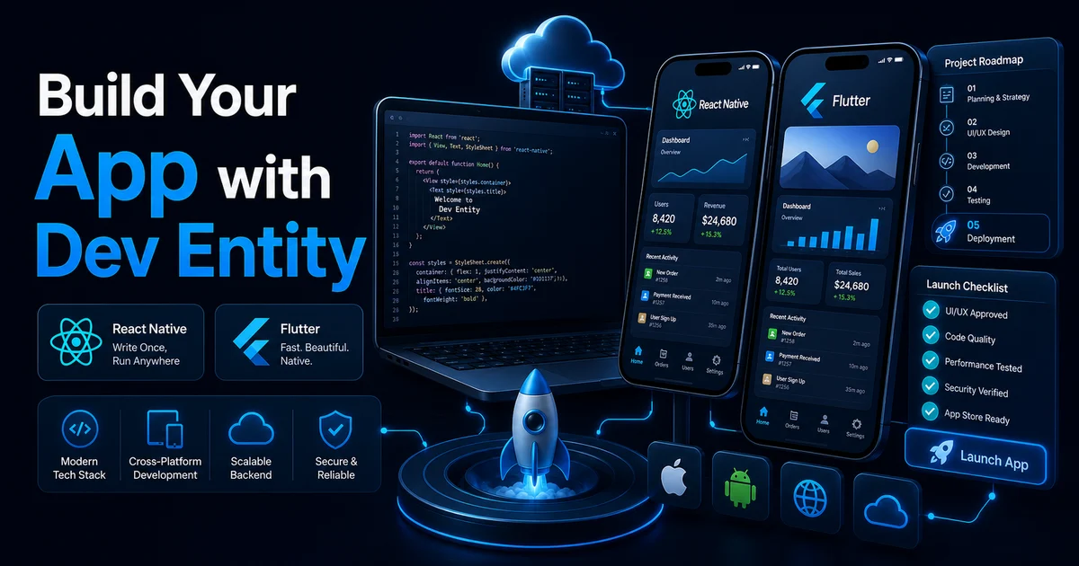 Build Your App with Dev Entity using React Native, Flutter, backend systems, and launch planning