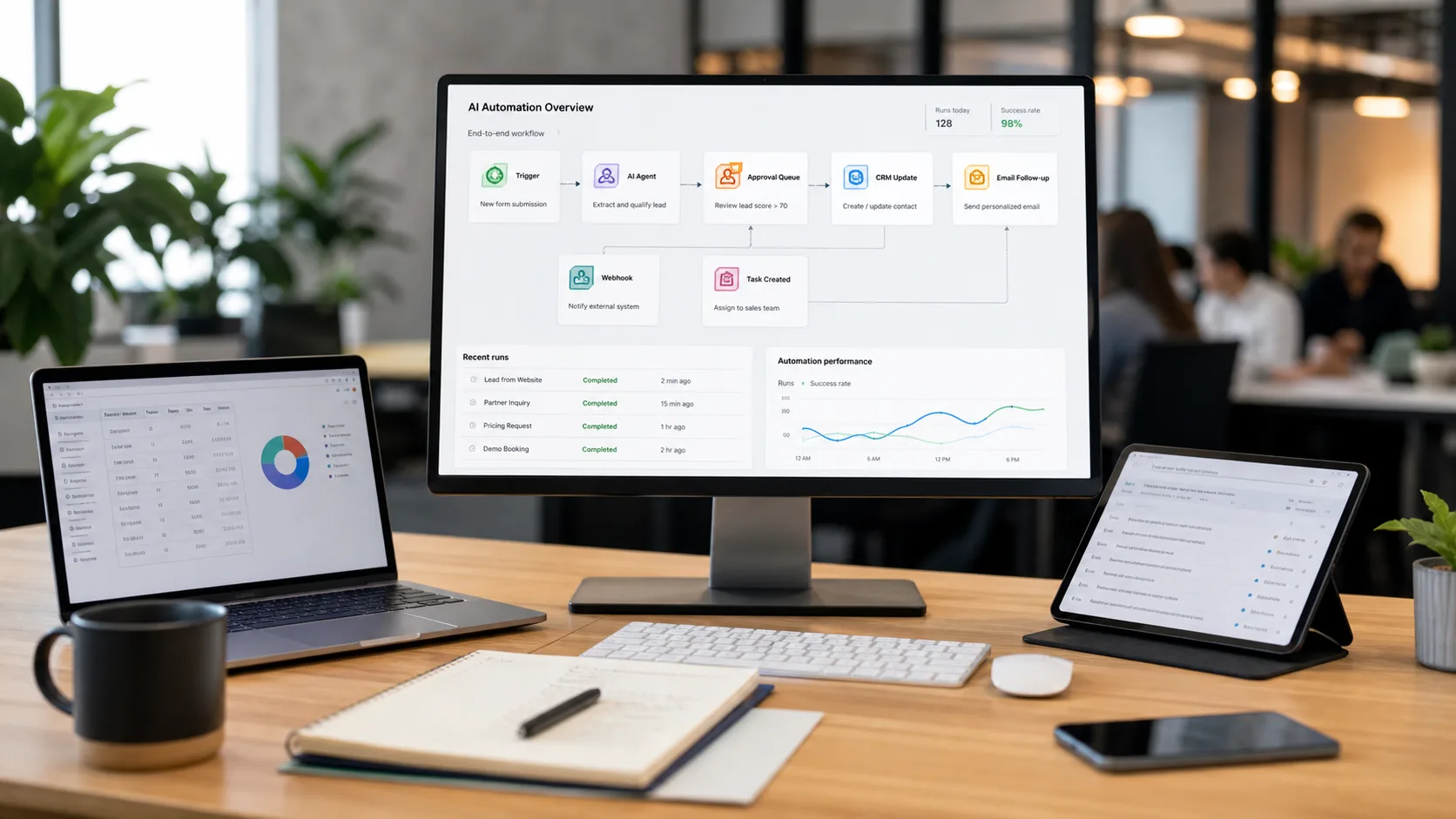 Realistic business operations desk with automation dashboard, CRM updates, approval queue, email tasks, and AI workflow monitoring