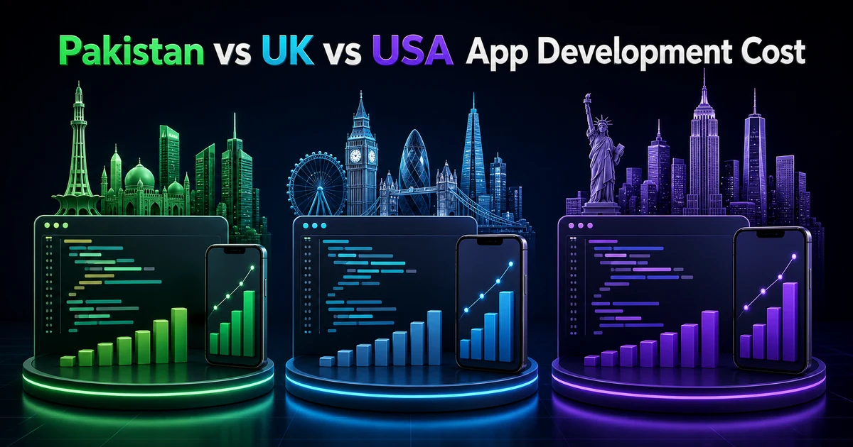 Pakistan vs UK vs USA app development cost comparison including hourly and project rates